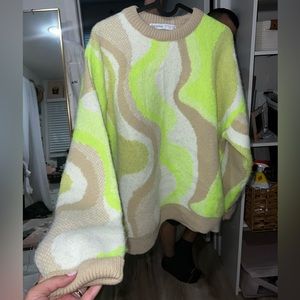 BERSHKA NEON YELLOW BEIGE WHITE SWIRL OVERSIZED KNIT SWEATER
